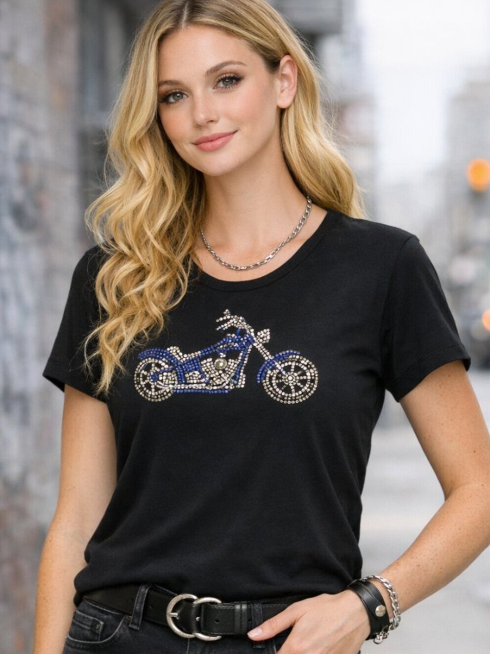 Black Rhinestone Motorcycle Graphic Tee Women's Small Biker T-Shirt Cotton Top